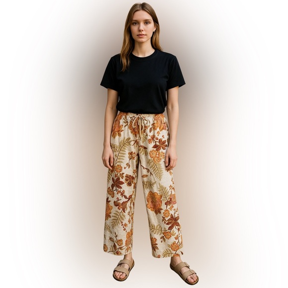 Rachel Zoe Linen Blend Wide Leg Pull On Pant Sz M Fall Leaves Drawstring Comfy - Picture 1 of 5